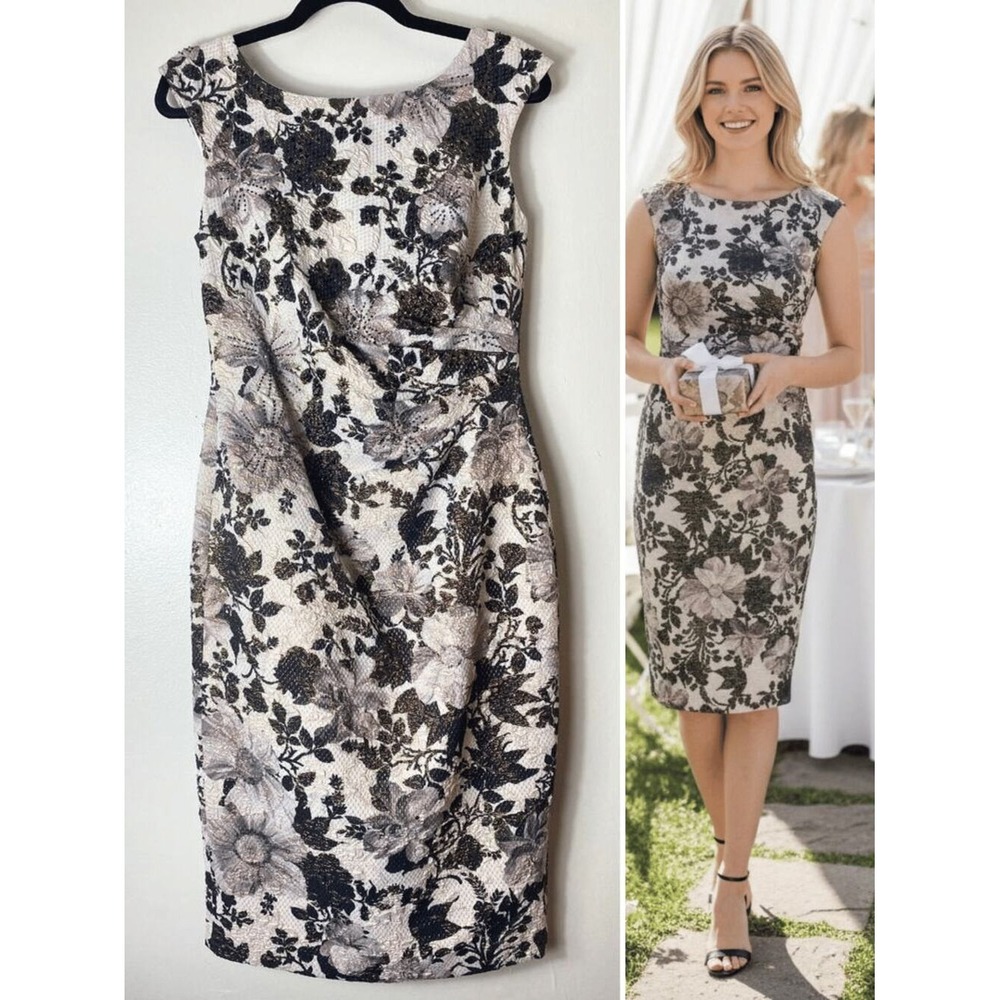 Adrianna Papell Floral Dress Wedding Guest Cocktail Fall Jacquard Damask